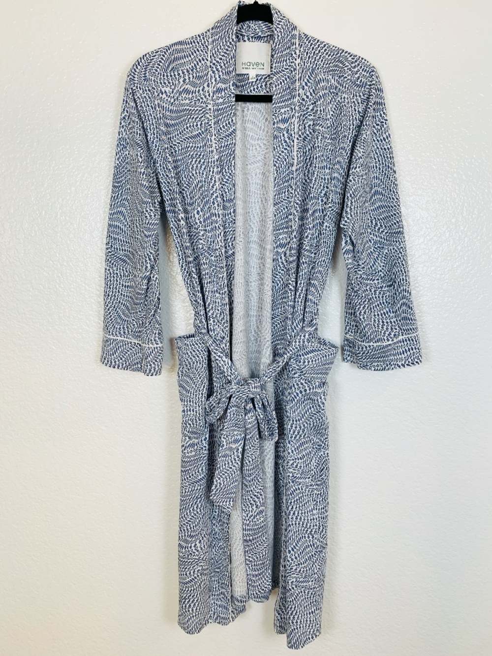 Haven Well Within Organic Cotton Robe Womens Small Blue & White Print Tie Belt